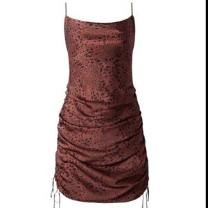 Aritzia Wilfred Only Ruched Slip Mini Dress Brown Black Animal Print Cowl Neck